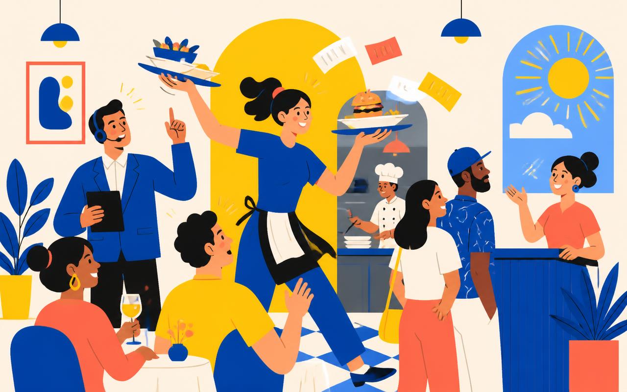 Illustration of a busy restaurant team running food and greeting guests